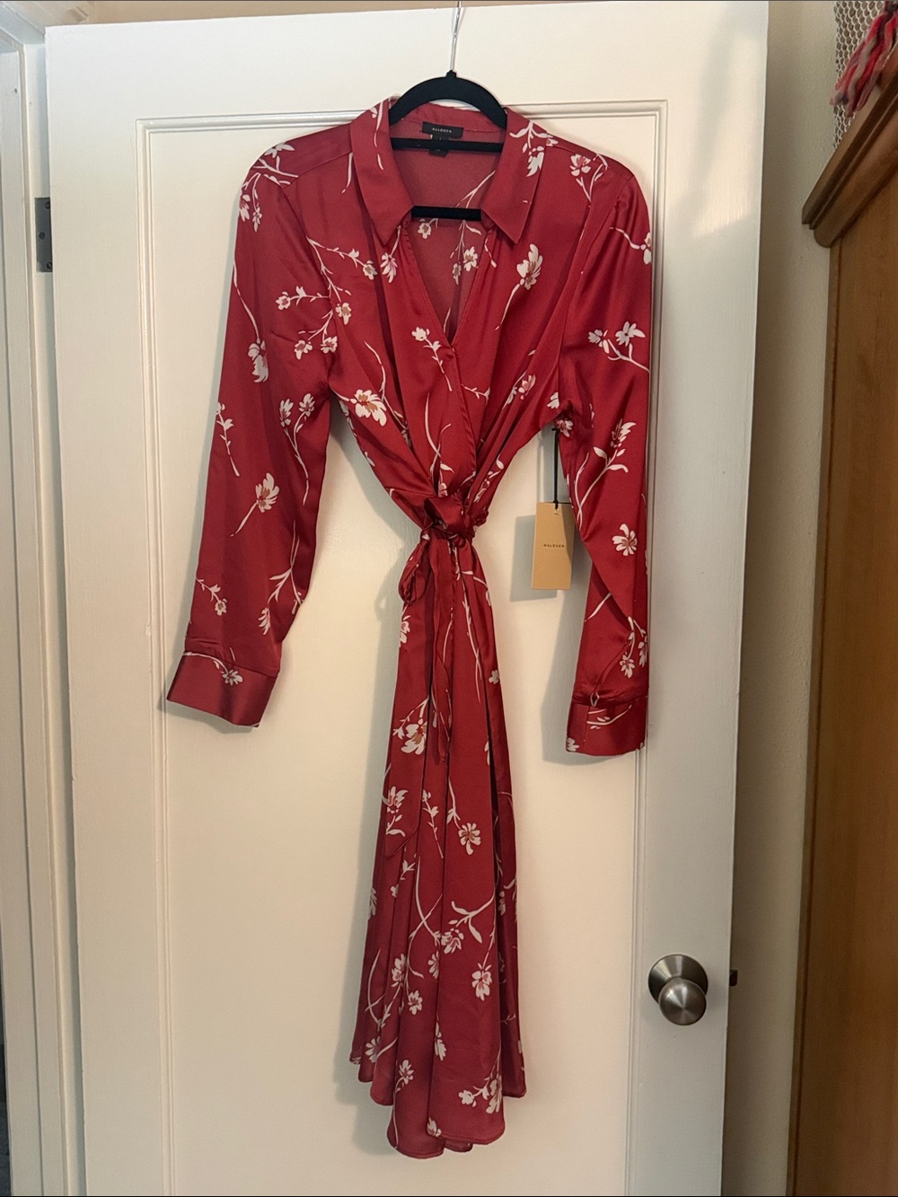 Halogen Red Floral Long Sleeve Tie-Waist Maxi Dress